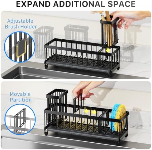 Cisily Sponge Holder for Kitchen Sink, Sink Caddy Organizer with High Brush Holder, Kitchen Countertop Organizers and Storage Essentials (Black Shelf with Stone Tray, Small) - Image 5