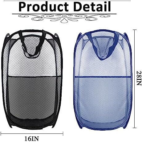 Collapsible Pop Up Laundry Hamper, Extra Large Mesh Foldable Laundry Basket Bag, 28" x 16" x 16", 2 Pack (Black + Blue) - Image 2