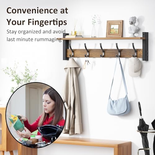 Optish Coat Rack Wall Mount with Shelf, 24 Inch Coat Hanger Walls Mounted, Hat Rack for Walls, Shelf with 5 Coat Hooks, Wall Hanger for Entryway (Brown) - Image 5