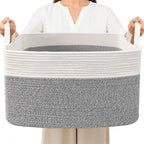 65L Laundry Basket with Handles, Woven Blanket Basket, White/Grey by HZFTJOY