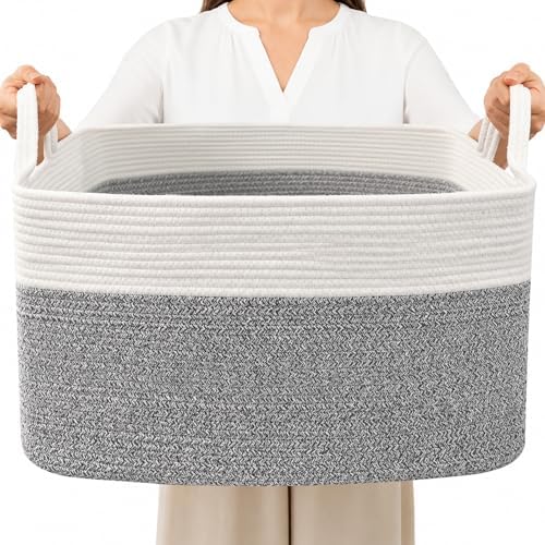 96L Laundry Basket with Handles, Extra Blanket Basket, White/Grey by HZFTJOY