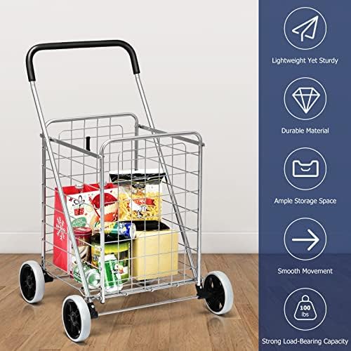 Goplus Shopping Carts for Groceries, Heavy Duty Folding Shopping Cart with Wheels, Portable Collapsible Grocery Cart, Light Weight Foldable Utility Cart for Laundry Silver - Image 6