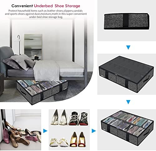Onlyeasy 2 Pack Under Bed Shoes Storage Bag Organizer (14+4 Pairs), Collapsible Shoe Boot Container with Handles, Underbed Storage Solution for Kids & Adults, 86x60x15cm, Linen-like Black, MXAUBS14S4 - Image 6