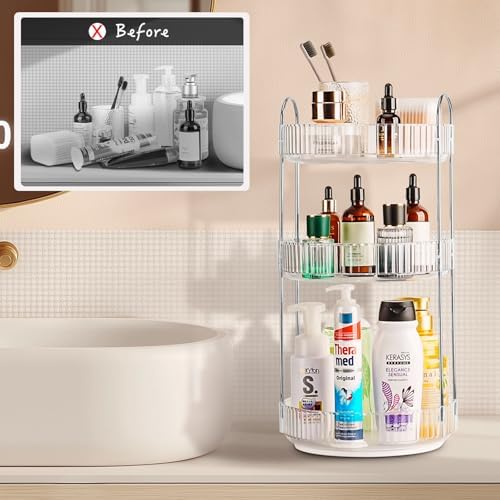 360 Rotating Makeup Organizer, 3 Tier Large Capacity Lazy Susan Bathroom Counter Organizer, Skincare Organizers, Spinning Perfume Organizer & Vanity Organizer Countertop (Silver Clear, 3 Tier) - Image 2