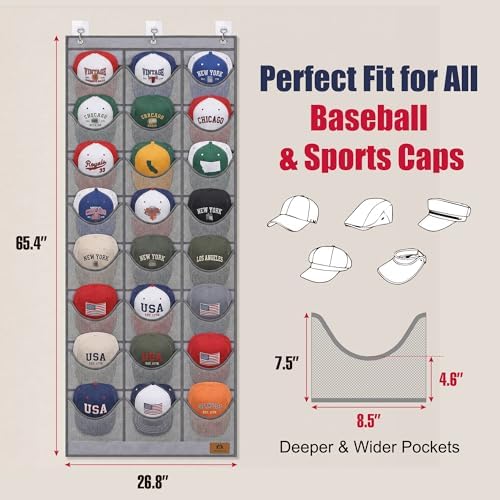 Hat Organizer for Baseball Caps - 24 Pockets, Oxford Cloth Hat Storage with Moisture-Proof Mesh, Visible Hat Rack for Wall & Door with 3 No-Drill Adhesive Hooks, Grey Hat Holder for Bedroom - Image 2