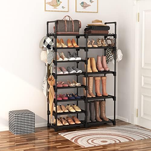 ROJASOP Shoe Rack Organizer, 8-Tier Metal Shoe Rack for Closet Entryway Garage, 26-32 Pairs Tall Shoe Boot Storage Shelf with 15 Hooks, Stackable Large Shoe Stand - Image 2