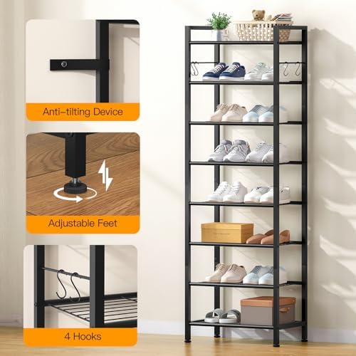 8 Tiers Narrow Shoe Rack 16-24 Pairs, Sturdy Metal Tall Shoe Rack with 4 Hooks, Slim Shoe Storage Organizer with Metal Shelf, Space Saving Vertical Shoe Shelf for Entryway, Closets, Black - Image 5