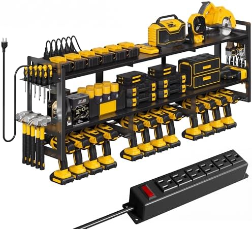 TOPRINCE 56.7" W Large Power Tool Organizer Wall Mount with Charging Station, 3-Tier Heavy Duty Metal Tool Rack with 12 Drill Holders and 6FT Power Strip, Garage Workshop Storage.Black by Unknown