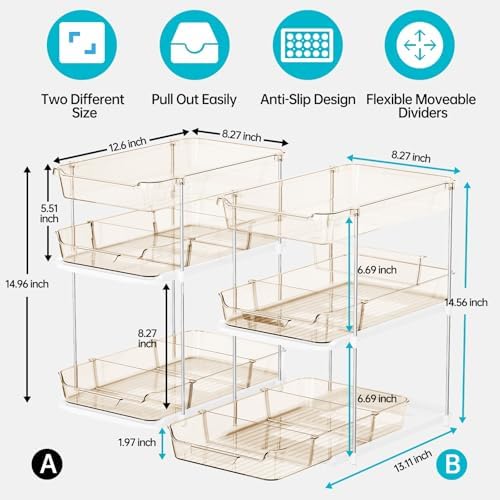 Delamu 2 Pack 3-Tier Bathroom Under Sink Organizers and Storage, Multi-Purpose Stackable Pantry Organization and Storage, Pull Out Clear Kitchen Bathroom Cabinet Organizer with Movable Dividers, Amber - Image 2