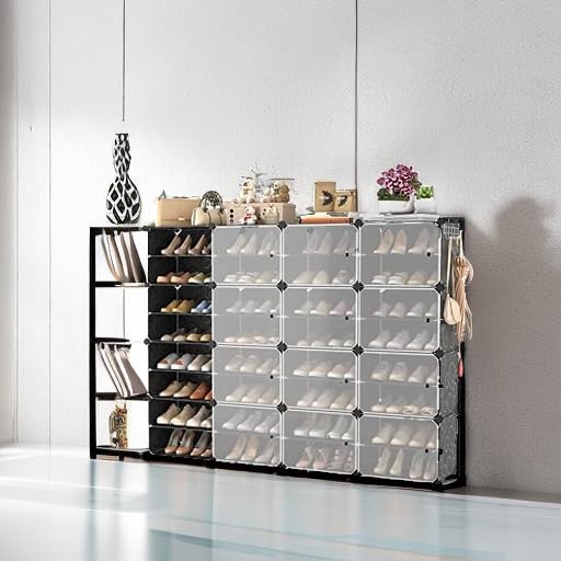 Portable Shoe Rack with Door, 64 Pairs Cabinet Easy Assembly, Plastic Adjustable Shoe Storage Organizer Stackable Detachable Free Standing DIY Expandable 8 Tier Black - Image 5