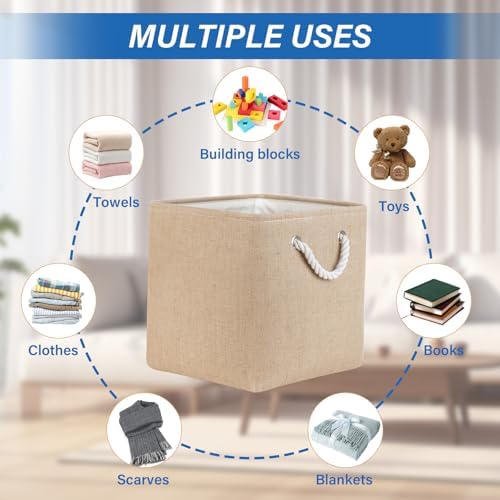 Temary Storage Baskets for Shelves 13 Inch Baskets for Gifts Empty, 4 Pack Shelf Baskets Decorative Storage Baskets Cube Collapsible Storage Bins Cubes with Handles for Storage (Linen Yellow) - Image 2