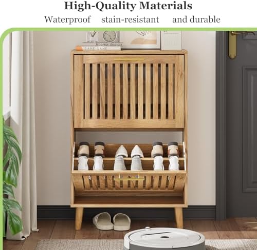 Shoe Storage Cabinet with Louvered 2 Flip Drawers, Narrow Shoe Cabinet Storage for Entryway, Freestanding Shoe Organizer Cabinet with Golden Handles, Slim Shoe Rack Cabinet 23.5in (Natural Wood) - Image 7