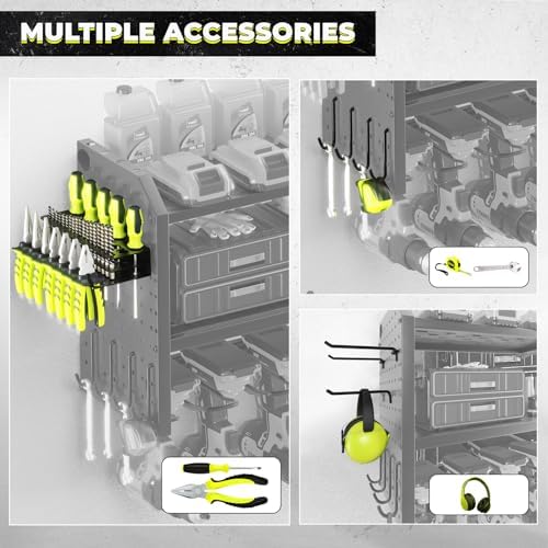 KAFAHOM Power Tool Organizer with Charging Station, Built in 8 Outlet Power Strip,Large 8 Drill Holder Wall Mount, Heavy Duty Metal Power Tool Storage Rack Tool Shelf for Garage Organization Black - Image 3