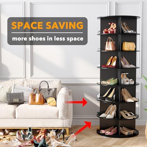SpaceAid 7 Tier Rotating Shoe Rack Tower, Spinning Shoe Display Lazy Susan, Revolving 360 Shoe Rack Storage Round Carousel, Vertical Handbag Rotate Shoes Closet Organization (7-Tier Black) - Image 3
