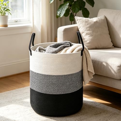 70L Woven Laundry Basket,Large Clothes Hamper with Handles-Black - Image 3