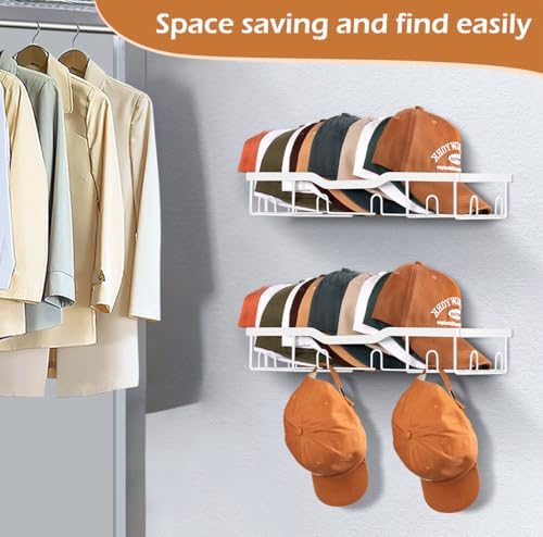 KEETDY Metal Hat Racks for Baseball Caps Wall Hat Organizer Fit 20 Caps Holder, 2 Packs Sturdy Wall Mounted Hat Storage Organizer, White - Image 6