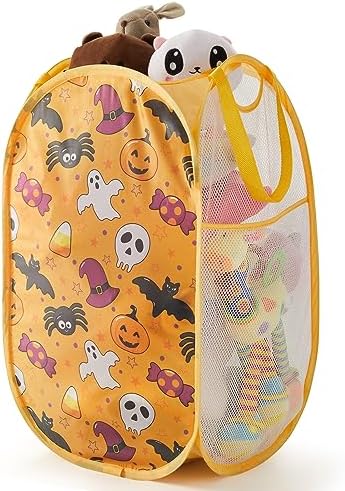 TECHMILLY Collapsible Mesh Pop Up Laundry Hamper with Sturdy Handles and Side Pocket - Portable Foldable Clothes Baskets for Dorm, Bathroom & Travel Storage (Halloween) by TECHMILLY