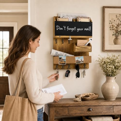 Mail Organizer Wall Mounted with Key Holder, Shelf, Light Wood - Image 3