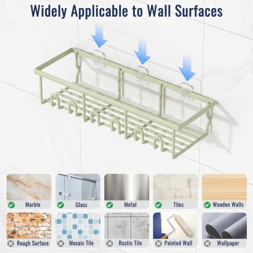 8 Pack Adhesive Rustproof Shower Caddy with Soap Dishes, Toothbrush Holder & Hooks, Large Capacity No-Drilling Shower Shelves Rack for Bathroom Organizers and Storage Accessories, Green - Image 7