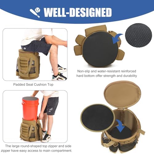 Baseball Bucket Bag 6 Gallon Multi Pockets Softball Coaching Equipment Bag - Image 5