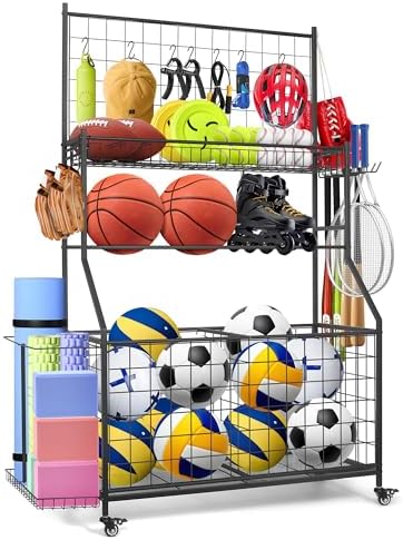 Sports Equipment Organizer,Garage Ball Storage Rack with Basketball Rack with Hooks and Rolling Wheels Cart-Black by Unknown