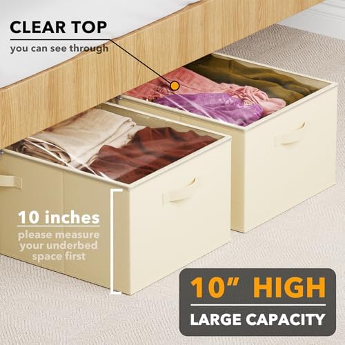 SpaceAid 2 Pack 10" High Under Bed Storage Containers, Large Underbed Storage Organizer Bins with Lids for Bedroom, Dorm, Clothes, Closet Organization, Bed Sheets and Blankets (Beige) - Image 2