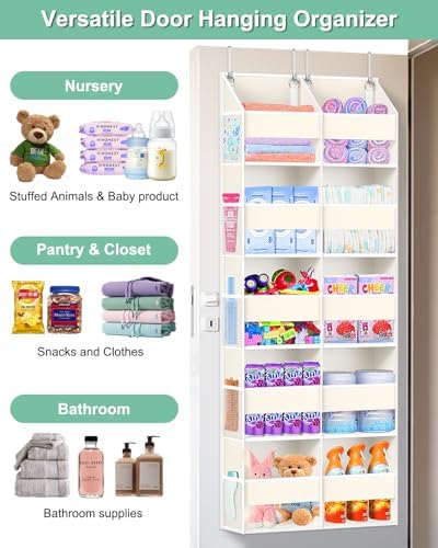 UVIAHOMI Heavy Duty Over The Door Organizer 5 Tiers, Extra Large Behind Door Storage of 10 Big Front & 10 Mesh Pockets, 80lb Weight Capacity, Hanging Doors Storage for Closet Bedroom Nursery, Beige - Image 6
