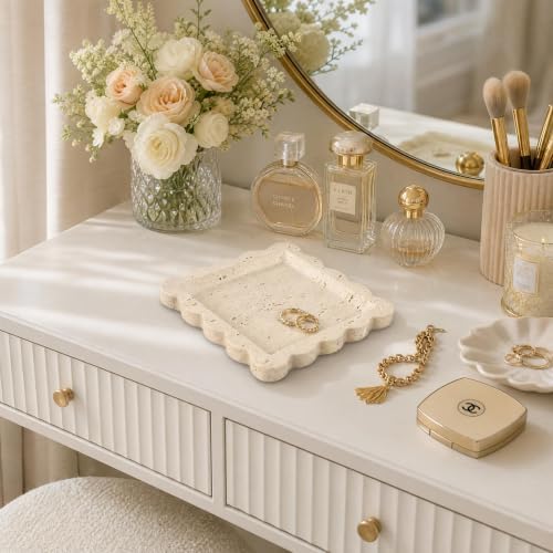 Decorative Scalloped Tray - Beautiful Travertine Stone Inspired 8"x8" Vanity Tray for Jewelry, Perfume and Trinkets - The Perfect Resin Decor Accent for Any Bathroom, Nightstand & Marble Coffee Table - Image 5