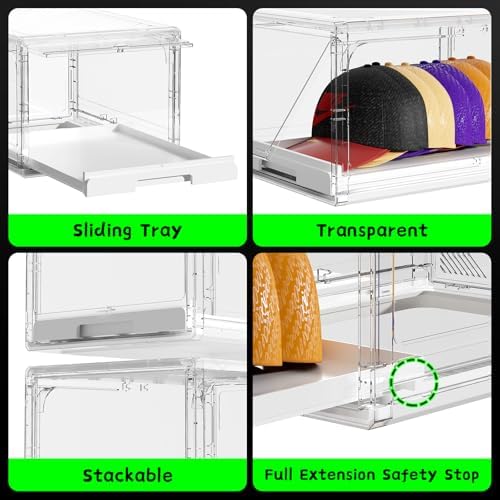 Hat Organizer for Baseball Caps Storage Organizer with Sliding Trays, Stackable Hat Boxes Holder Rack with Drawer, Clear Display Case for Hats Snapback Cap, Hold 12 Hats Each, 1 Pack - Image 4