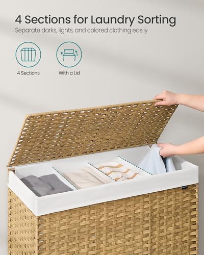 SONGMICS Rolling Laundry Hamper with Lid, 210 L 4-Section Synthetic Rattan - Image 3