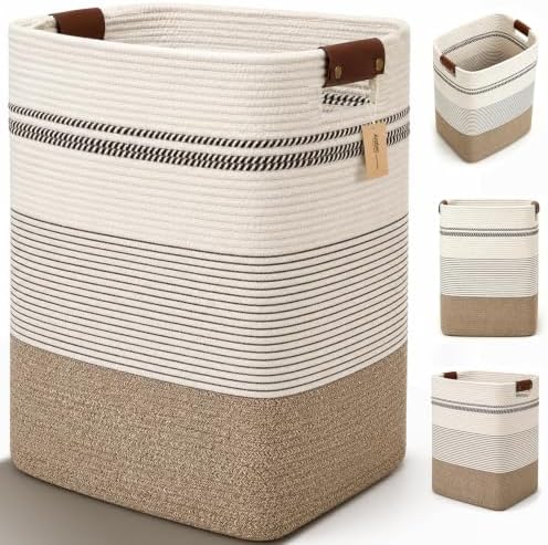 Laundry Hamper, Cotton Rope Laundry Basket with Leather Handles, 22.5-Gallon/85 L Large Clothes Hampers for Laundry, Woven Laundry Baskets for Blankets, Clothing, Bedroom, Living Room, Nursery by ARATECHOME
