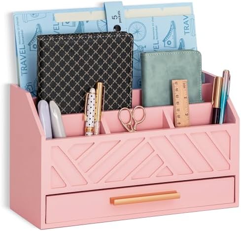 dreampossible Pink Wood Desk Organizer and Accessories with Drawer, Bill Mail Organizer and File Mail Holder for Office Supplies, Modern Desk Accessories & Workspace Organizers for Desk Organization by dreampossible