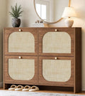 Nicetree Freestanding Ultra Slim Arched Rattan Accent Shoe Storage Cabinet for Entryway - 4 Flip Drawers & 3-Tier Adjustable Shelves, Farmhouse Modern Rustic Shoe Rack for Hallway, Foyer Oak by Nicetree