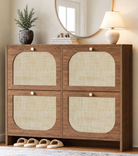 Nicetree Freestanding Ultra Slim Arched Rattan Accent Shoe Storage Cabinet for Entryway - 4 Flip Drawers & 3-Tier Adjustable Shelves, Farmhouse Modern Rustic Shoe Rack for Hallway, Foyer Oak by Nicetree