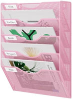 EasyPAG Wall File Organizer 5 Tier Hanging Paper Folder Holder, Zero Assembly Metal Mesh Wall Mounted Mail Organizer for Office Home Classroom Narrow Spaces, Pink by EasyPAG