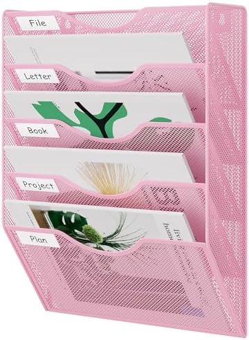 EasyPAG Wall File Organizer 5 Tier Hanging Paper Folder Holder, Zero Assembly Metal Mesh Wall Mounted Mail Organizer for Office Home Classroom Narrow Spaces, Pink by EasyPAG
