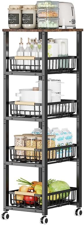 CarolynDesign Metal Wire Baskets with Wheels, Kitchen Storage Stackable Vegetable Fruit Cart Bins with Pull Out Wooden Handel Mat Bottom Sliding Dawers, for Bathroom, Garage and Pantry - Image 3