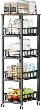CarolynDesign Metal Wire Baskets with Wheels, Kitchen Storage Stackable Vegetable Fruit Cart Bins with Pull Out Wooden Handel Mat Bottom Sliding Dawers, for Bathroom, Garage and Pantry - Image 3