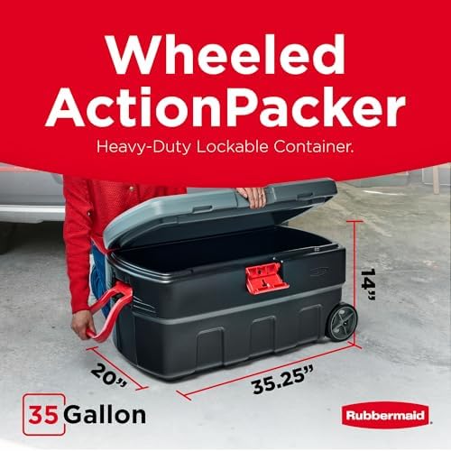 Rubbermaid ActionPacker 35 Gallon, Made in USA, Lockable Plastic Storage Bin with Lid and Wheels- Outdoor, Industrial, Rugged, Camping Gear and Truck Bed Storage - Gray and Black - Image 2
