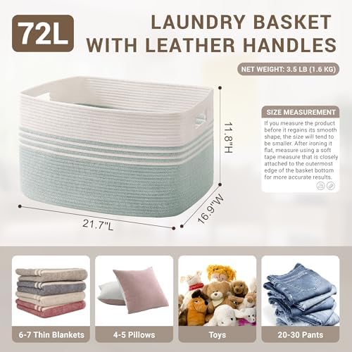72L Large Woven Laundry Basket Hamper with Handles, Green - Image 2