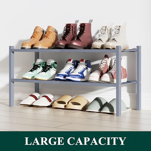 Smiry Bamboo Shoe Rack, 12 Vertical Slats, 2 Tier - 26.8" Wide, Grey - Image 5