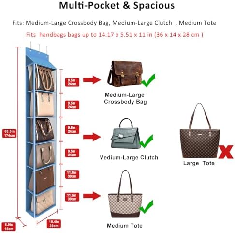 Lirex Over The Door Purse Organizer & Purse Shelf for Closet – Handbag Storage Organizer with Purse Hanger. Perfect for Scarves, Hats, and Leggings. L (15.7'' x 5.7'' x 68''), Blue - Image 2