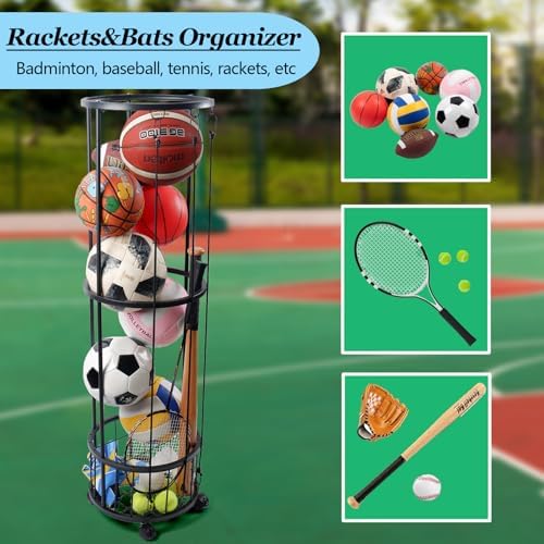 Upgrated Ball Storage Rack with Small Bottom Ball Holder, 3 Adjustable Elastic Cords Sports Equipment Organizer, Wall-Mounted Basketball Rack for Indoor,Outdoor,Home,Garage - Image 5
