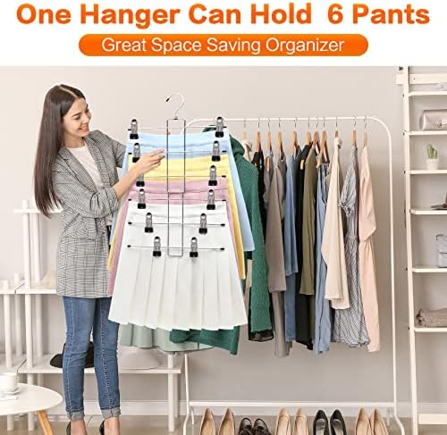 4 Pack Pants-Hangers-Space-Saving, 6 Tier-Closet-Organizers-and-Storage | Skirt Hooks with Clips, Closet-Organizer-Clothes-Organization Jeans Scarf Holder,College-Dorm-Room-Essentials Decor - Image 3