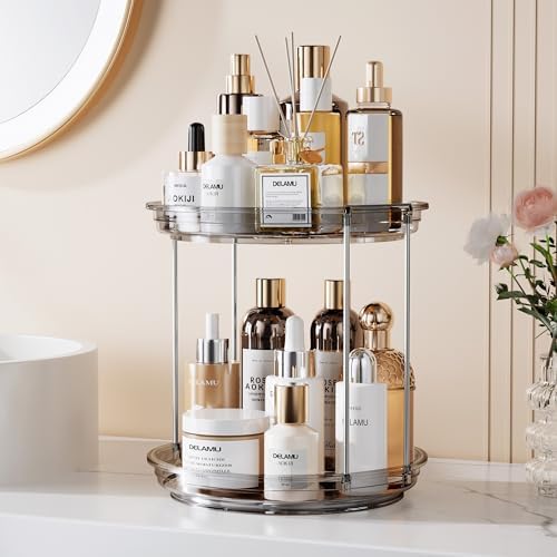Delamu 2 Tier Rotating Makeup Organizer for Vanity, Skincare Organizer for Bathroom Counter, Spinning Perfume Organizer Cosmetic Holder with Large Capacity, Grey - Image 4