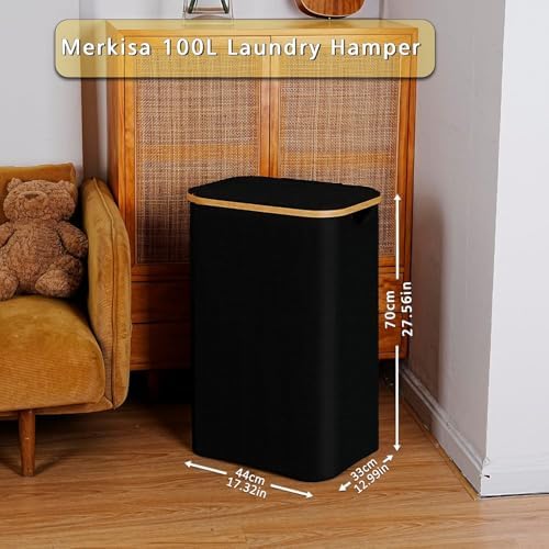 100L Laundry Hamper with Lid, Lagre Basket with Bamboo Handles,Foldable Clothes Hamper Tall Dirty Laundry Basket for Clothes Toys Towels Organizing,Black - Image 3
