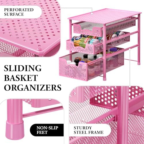 Simple Houseware Stackable 3 Tier Sliding Basket Organizer Drawer, Pink - Image 4