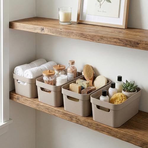 BINO | Plastic Storage Bins, 4 Liter - 4 Pack, Taupe | THE MODERN COLLECTION | Plastic Bins for Organization | Woven Storage Baskets for Organizing | Pantry Shelf Organizer Basket Container Bin - Image 4