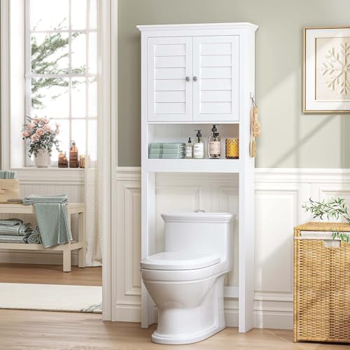Spirich Over The Toilet Storage Cabinet with Louvered Doors & Hooks, White - Image 3