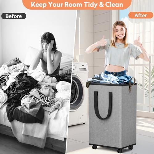 SpaceTrove Rolling Laundry Basket with Wheels, Laundry Hamper, 80L, Grey - Image 4